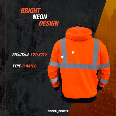Hi-Vis Hoodie For Men Class 3 Type R Orange Safety Gear With Soft Fleece Interior, ANSI ISEA 107-2015 Certified, back view