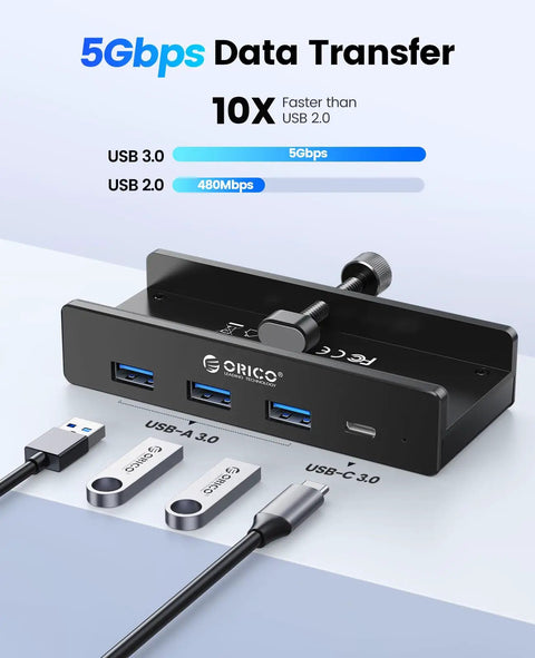 Clamp On USB Hub With External Power Sleek Aluminum 4 Port USB 3.0 Adapter With Three USB A Data Ports And A USB C Port