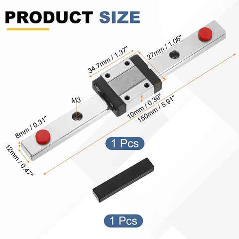 MGN12 150mm Linear Sliding Rail Guide Kit With MGN12C Carriage Block shown with size dimensions and mini guide
