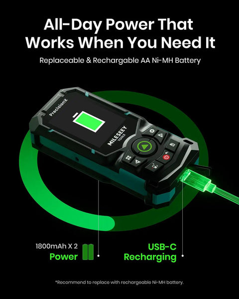 Green Beam Laser Distance Meter S50 with rechargeable AA Ni-MH battery and USB-C recharging, highlighting power efficiency.