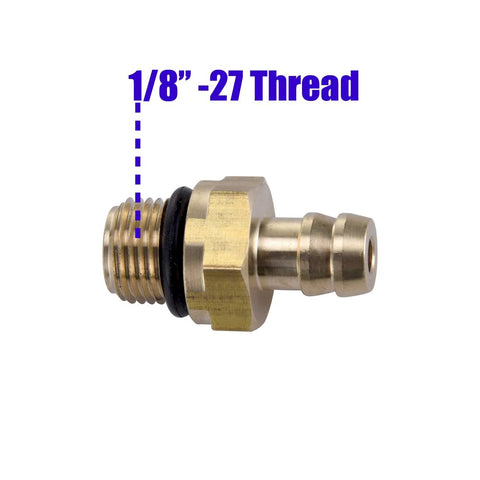 Side view of brass chemical injector fitting for pressure washer with 1/8-27 thread and black O-ring