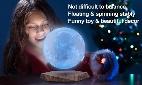 Girl admiring Levitating Moon Lamp With Remote, 6 Inch Floating 3D LED Moon Light With 18 Colors, Magnetic Spinning Base