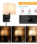 Plug In Wall Sconce With USB Charging Port And Dimmable Switch, Bedside Nightstand Lamp, Black Finish, shown with brightness settings.