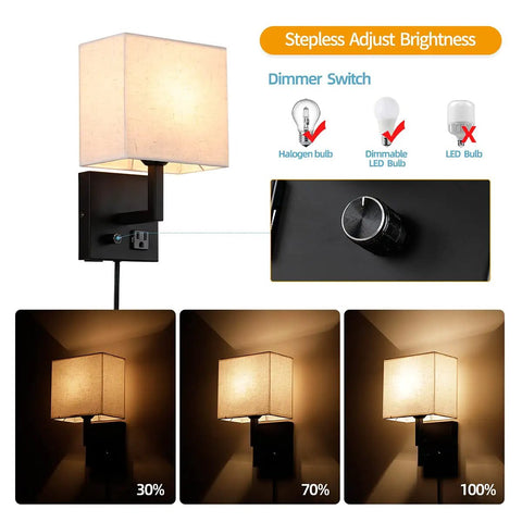 Plug In Wall Sconce With USB Charging Port And Dimmable Switch, Bedside Nightstand Lamp, Black Finish, shown with brightness settings.