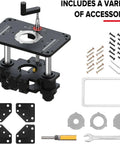 Shop Ready Precision Router Lift Base With Smooth Height Adjust Insert Plate For Woodworking Tables Micro Tuned Down To 1/64 Inch Dead Nuts Stable Pro Grade Hardware with accessories and tools.