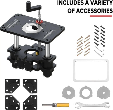 Shop Ready Precision Router Lift Base With Smooth Height Adjust Insert Plate For Woodworking Tables Micro Tuned Down To 1/64 Inch Dead Nuts Stable Pro Grade Hardware with accessories and tools.