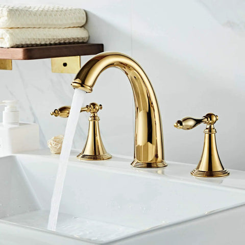 Solid Brass Widespread Bathroom Faucet With High Arc Deck Mount, 3-Hole 2-Handle Lavatory Faucet, Ceramic Valve, Nickel Plated Finish
