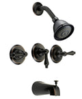 Oil Rubbed Bronze Tub And Shower Faucet With Three Handle Design And Convertible Tub Shower Combo Head With Multi Setting Shower Head Water Saver Aerator Washerless Brass And Copper Waterways 2.5 GPM