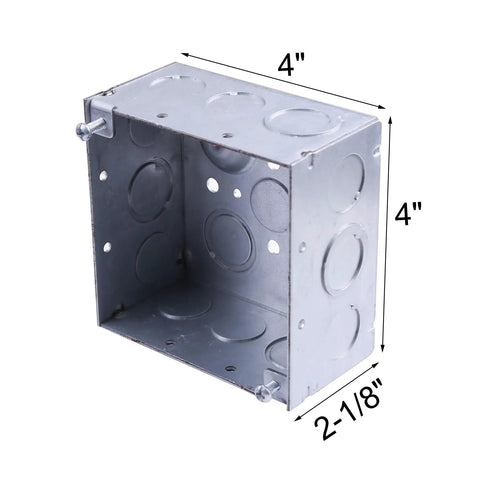 Square Metal Electrical Junction Box 4x4 Inches Two One Eighth Inches Deep Galvanized Steel Drawn Construction With Knockouts