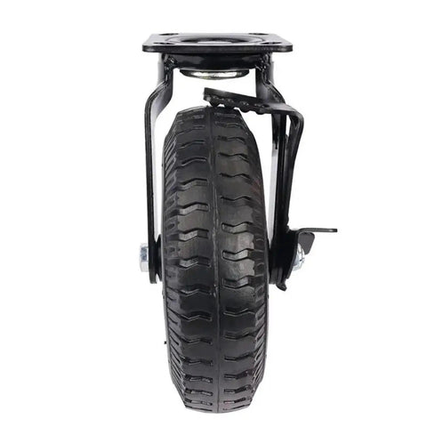 Kickass 8 Inch Pneumatic Rubber Wheel Heavy Duty Cart Caster With Side Brake Universal Flanged Track, front view showing wheel and steel mount.