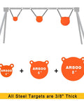 AR500 Steel Gong Target Set With Chains 3/8 Inch Thick 4, 6, and 8 Inch Neon Orange Targets hanging on metal frame