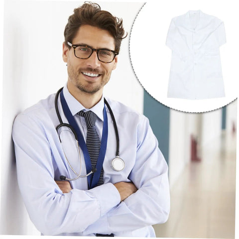 Unisex White Lab Coat With Pockets For Medical Pros And Students, Durable Cotton Doctor Coat With Long Sleeves, Classic Collar displayed.