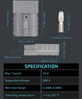 Straight Up Heavy Duty Anderson Battery Connectors 600V 50A showing specifications and dimensions for reliable connections.