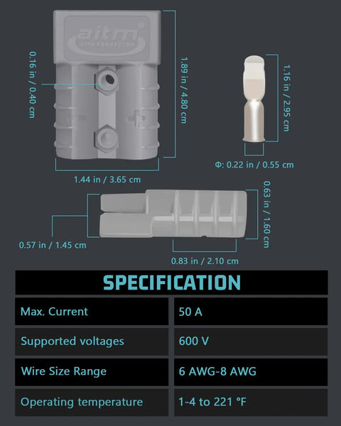 Straight Up Heavy Duty Anderson Battery Connectors 600V 50A showing specifications and dimensions for reliable connections.