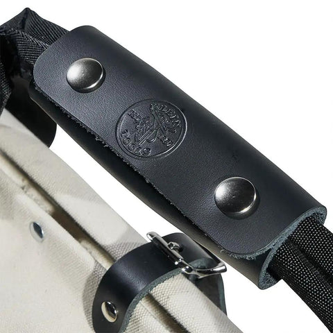 Close-up of handle on Canvas Tool Bag With Leather Bottom And Wide Opening For Easy Access, 18 Inch, 11 Pockets, No 8 Natural Canvas
