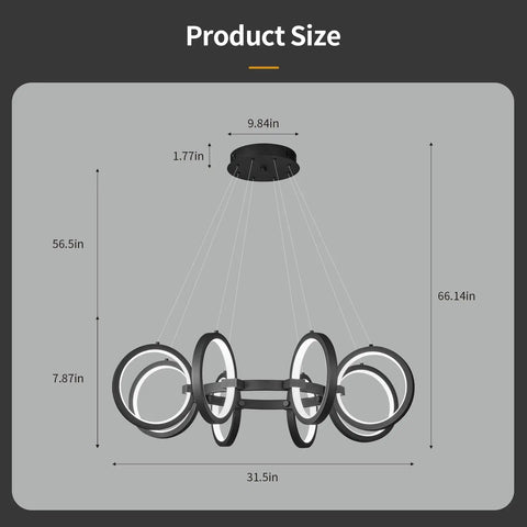 Diagram showing dimensions of Dope Modern LED Chandelier With Six Black Ring Pendant Lights Dimmable Round Fixture Adjustable Hanging Light