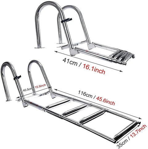 Folding Dock Boat Ladder 4 Step Heavy Duty Stainless Steel Marine Yacht Ladder with removable deck, dimensions shown.