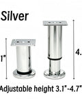 Adjustable Metal Furniture Legs 3.1 To 4.7 Inches Silver Electroplate Finish 4 Pack With Screws shown in adjustable heights.
