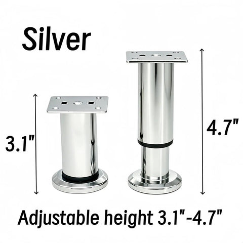 Adjustable Metal Furniture Legs 3.1 To 4.7 Inches Silver Electroplate Finish 4 Pack With Screws shown in adjustable heights.