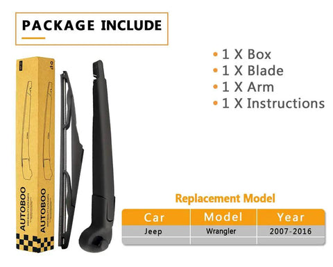 Package contents including rear wiper arm, blade, box, and instructions for Badass Off Road Rear Wiper Arm And Blade Kit For Jeep Wrangler Jk 2007 2017.