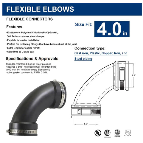 Flexible Elbow Coupling With Stainless Steel Clamps For 4 Inch Nominal Pipe 4.5 Inch Inner Diameter Built To Last Durable DWV Sewer And Drain Connector For Cast Iron Plastic Copper Lead And Steel Indoor Outdoor Black, 4.0 in