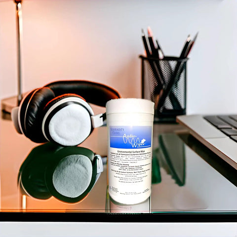 Bottle of Alcohol Free Electronics Cleaning Wipes for Screens Keyboards Phones and Gaming Controllers Fast Drying on a desk