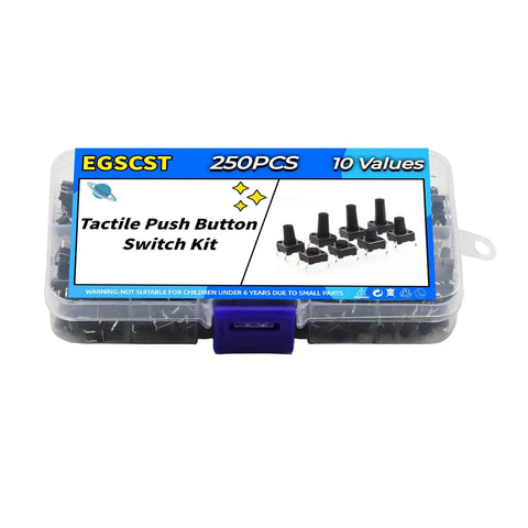 250 Piece 10 Value 6x6mm Tactile Push Button Switch Kit For Arduino And Breadboard Projects in plastic case
