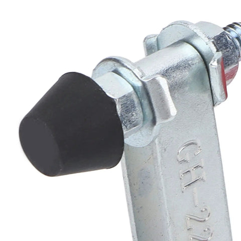 Close-up of Tough As Nails Horizontal Toggle Clamp With Quick Release Lever for woodworking, showing durable steel build and rubber tip.