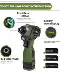 Green 17V Brushless Cordless Impact Driver Set With 140Nm Torque, LED Work Light, and 1/4 inch chuck shown with features
