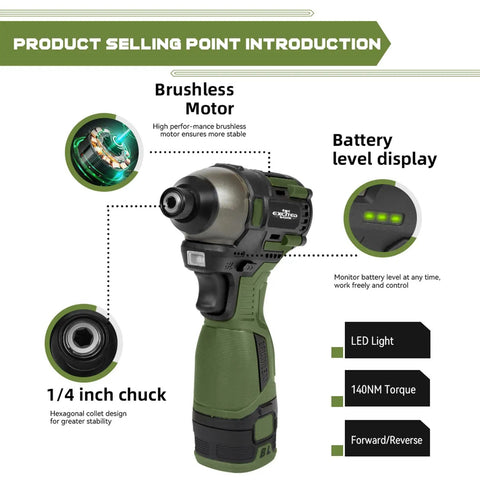 Green 17V Brushless Cordless Impact Driver Set With 140Nm Torque, LED Work Light, and 1/4 inch chuck shown with features
