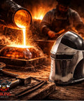 Visored Medieval Helmet For Cosplay And Larp Knight Armor With Black Polished Finish 18 Gauge Steel Wearable on wood table