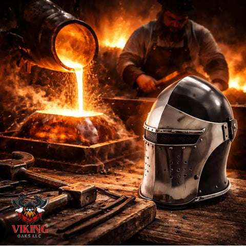 Visored Medieval Helmet For Cosplay And Larp Knight Armor With Black Polished Finish 18 Gauge Steel Wearable on wood table