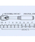 Technical illustration of Three Eighths Inch Drive Socket Set Z Series 15 Piece Six Point Metric Sockets Five Point Five Millimeters To Twenty Two Millimeters Polished Finish showing reversible ratchet and socket sizes.