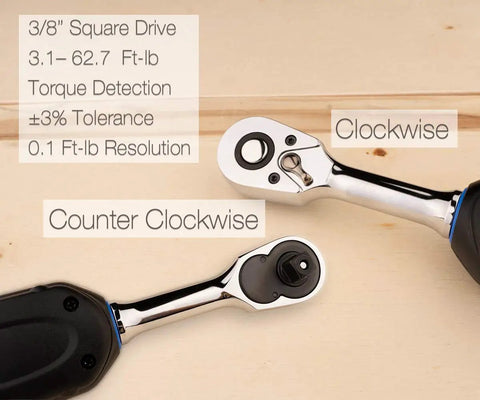 Digital Torque Wrench Three Eighths Inch With 3.1 To 62.7 Foot Pounds Range showing clockwise and counterclockwise directions