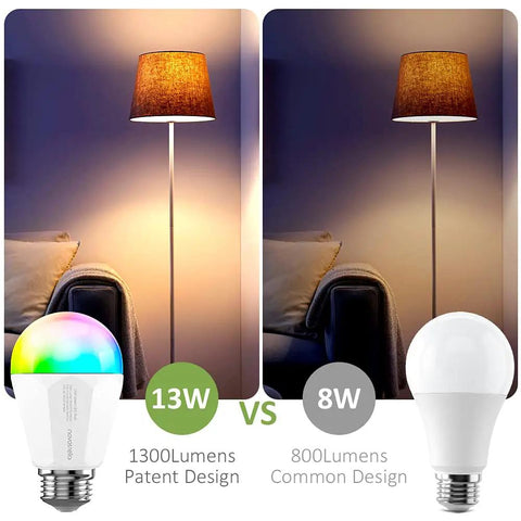 Comparison between Smart WiFi RGB CW LED Bulbs 13W 1300LM 3 Pack Works With Alexa And Google Assistant and traditional bulb lighting.