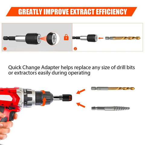 11 Pcs Left Hand Screw Extractor Set With Quick Adapter attached to a drill, showing drill bit and spiral extractor swap
