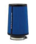 Snap This Slick 3 Inch Cone Air Filter Onto Your Rig Using A Rock Solid Clamp On Mount And Honeycomb Mesh Top Design For A Fully Washable Reusable Tapered Pod Filter Built Tough For Street Or Track In Blue, showing tapered pod design and clamp.