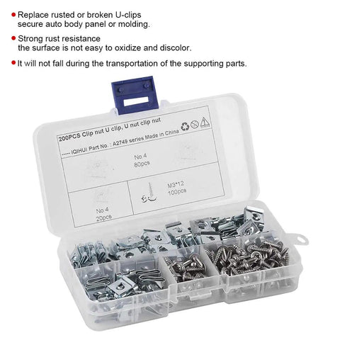 Manganese Steel Self Tapping Screws Kit For Motor Vehicles, 200 Pieces, zinc coated rust resistant fixings in clear plastic box