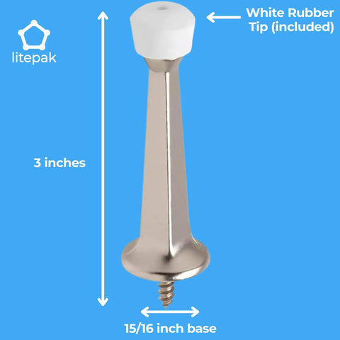Heavy Duty Door Stoppers For Bottom Of Door Solid Metal Baseboard Mounted Screw In Wall And Floor Protector Satin Nickel Finish 3 Inch 8 Pack with white rubber tip and 15/16 inch base.