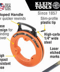 Flat Steel Electrical Fish Tape Twenty Five Foot One Quarter Inch Wide Spring Steel With Slim Plastic Tip And Laser Markings Every Foot, Durable High Carbon Wire Puller For Quick, Smooth Wire Runs And Moisture Resistant Coating in orange case