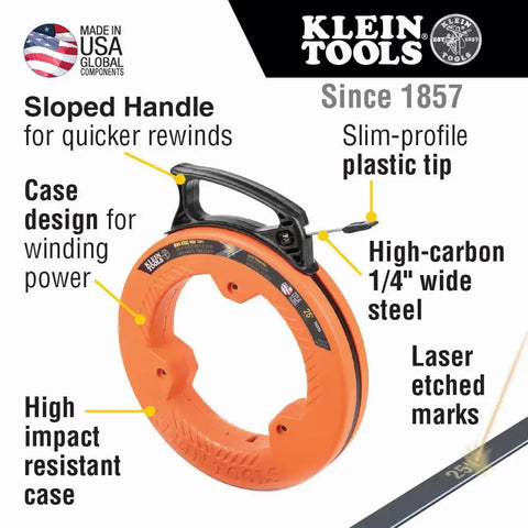 Flat Steel Electrical Fish Tape Twenty Five Foot One Quarter Inch Wide Spring Steel With Slim Plastic Tip And Laser Markings Every Foot, Durable High Carbon Wire Puller For Quick, Smooth Wire Runs And Moisture Resistant Coating in orange case