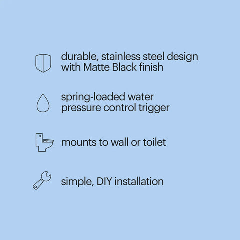 Features of Matte Black Stainless Steel Handheld Bidet Sprayer Kit With Dual Spray Options, Wall Mount, and DIY Installation.