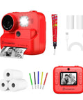 No Ink Instant Print Kids Camera With 2.4 Inch Screen And 1080P Video Selfie Mode 10X Zoom Includes 3 Paper Rolls Stickers And Markers Safe Thermal Printing For Mess Free Real Photo Prints Dope Creative Gift For Boys And Girls Ages 3 To 10 red ABS camera with paper rolls, USB cable, and markers