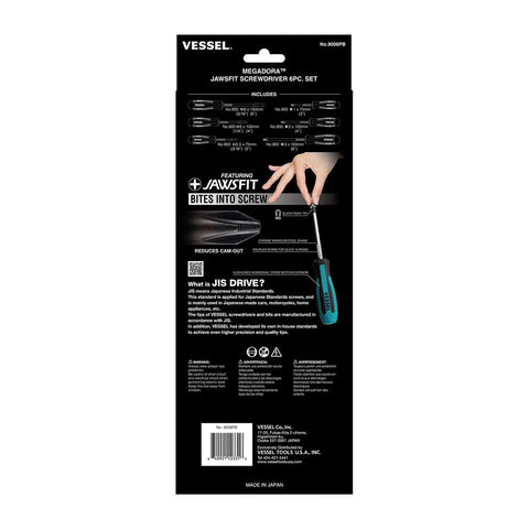 Back packaging of Megadora JawsFit 6-Piece Screwdriver Set With Phillips Tips 1 2 3 5 6 8 Cr-V Alloy Steel Hardened Shank Knurled Grip Made In Japan