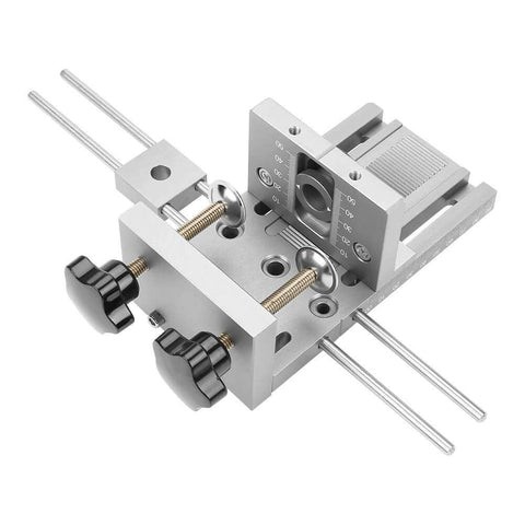 Three In One Dowel Jig Kit With Self Centering Dowel Jig, Drill Locator And Adjustable Drill, tool steel clamp board close-up
