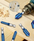 6 Piece Badass Countersink Drill Bit Set With A Quarter Inch Hex Shank To Score That Clean 90 Degree Wood Chamfer Every Time including blue-coated bits in use on wood.