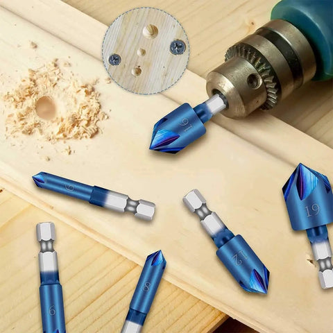 Six Piece Countersink Drill Bit Set With Quarter Inch Hex Shank And Ninety Degree Chamfering Tip on wood, showcasing sizes and smooth cutting tips.