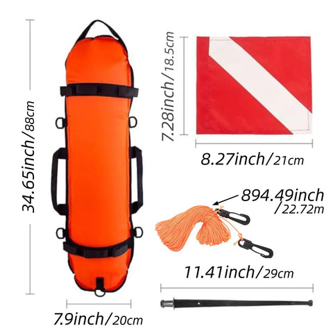 Inflation Torpedo Buoy For Spearfishing And Open Water Safety, orange buoy with 82ft rope, dive flag, nylon and TPU, low drag SMB.