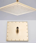 Top Shelf Gold Wall Mounted Bathroom Shower System With Thermostatic Temp Control 16 Inch Rainfall Head close-up view of square shower head