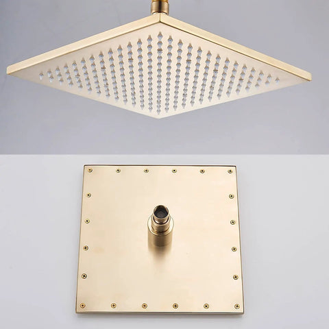 Heavy Duty Gold Thermostatic Shower System That Runs Flawless With 16 Inch Rainhead, showcasing large square rainhead design.